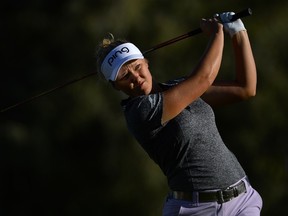 Canada's Brooke Henderson makes a tee shot on the second hole during round one of the ANA Inspiration on the Dinah Shore Tournament Course at Mission Hills Country Club on March 30, 2017 in Rancho Mirage, Calif. (Robert Laberge/Getty Images)