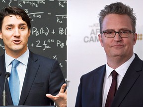 Prime Minister Justin Trudeau, left, has gotten in on the April Fools’ Day spirit with a lighthearted tweet aimed at former “Friends” star — and classmate — Matthew Perry. (THE CANADIAN PRESS file and Jordan Strauss/Invision/AP photos)