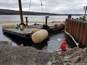 McKeil Marine Photo
A partially submerged barge in Picton Bay was successfully refloated Saturday afternoon.
