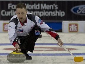 Canada skip Brad Gushue throws a stone at the 2017 Ford Men's World Curling Championship at Northlands Coliseum on Saturday, April 1, 2017.