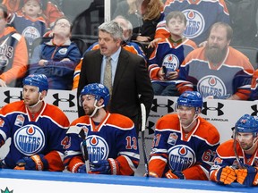 Edmonton's head coach Todd McLellan calls out during the third period of a NHL game between the Edmonton Oilers and the LA Kings at Rogers Place in Edmonton on Tuesday, March 28, 2017.
