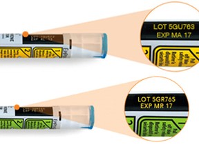 Pfizer Canada is recalling EpiPen auto-injectors with an expiry date of May 2017, top, and EpiPen Jr. auto-injectors with an expiry date of March 2017. (Handout photos)