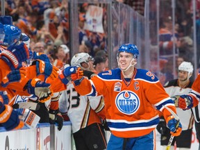 EDMONTON ALBERTA: April 1, 2017 Edmonton Oilers Connor McDavid (97) celebrates a goal on the Anaheim Ducks during first period NHL action at Rogers Place, in Edmonton April 1, 2017. AMBER BRACKEN/EDMONTON