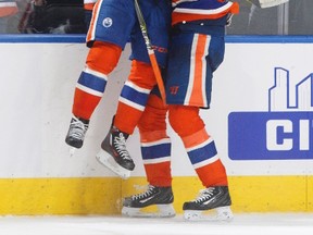 Edmonton Oilers captain Connor McDavid (97) and Leon Draisaitl (29) celebrate a goal during overtime NHL action against the Anaheim Ducks at Rogers Place on Saturday, April 1, 2017.