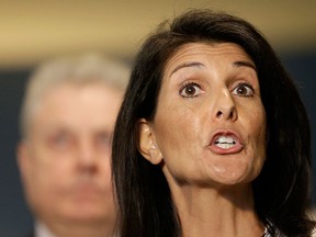 In a Monday, March 27, 2017 file photo, United States Ambassador to the United Nations Nikki Haley speaks to reporters outside the General Assembly at U.N. headquarters. (AP Photo/Seth Wenig)