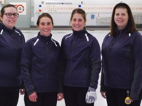 The Melanie Patry rink out of the Coniston Curling Club edged Kenora's Crystal Wojtowicz rink to win the Northern Ontario final at the North Bay Granite Club, Sunday, earning a berth in the Travelers Curling Club Championship in Kingston, Ont. in November. From left, lead Bryna Palman, second Nicole Duboc-Charbonneau, vice Christine Dubuc and Patry. Dave Dale / The Nugget / Postmedia