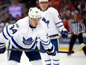 Auston Matthews of the Maple Leafs prepares for a face off while playing the Detroit Red Wings at Joe Louis Arena on April 1, 2017. (Gregory Shamus/Getty Images)