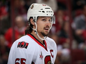 Erik Karlsson will likely miss Monday night’s game in Detroit. (Christian Petersen/Getty Images)