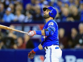 Jose Bautista of the Blue Jays reacts after hitting a solo home run against the Baltimore Orioles during the American League Wild Card game at Rogers Centre on October 4, 2016 in Toronto. (Vaughn Ridley/Getty Images)