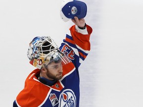 Edmonton Oilers goaltender Cam Talbot celebrates a win against the L.A. Kings at Rogers Place in Edmonton on March 28, 2017. He will be looking for his club-record 41st win in Los Angeles on Tuesday. (Ian Kucerak)