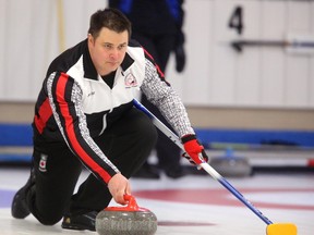 Wayne Tuck of the Ilderton Curling Club with his rink Kimberly Tuck, Jake Higgs and Sara Gatchell won their semi-final 7-4 over Sebastien Robillard of the Ottawa Curlng Club Sunday morning in the BrokerLink Mixed & Senior Mixed Provincials at the London Curling Club in London, Ont. on Sunday April 2, 2017. In the final they came up against Thornhill's undefeated Mike Anderson rink and lost 4-3. (MIKE HENSEN, The London Free Press)