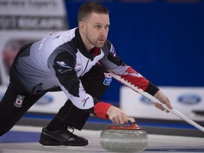 Canada skip Brad Gushue makes a shot against Sweden during the fifth draw of the Men's World Curling Championships in Edmonton on Sunday, April 2, 2017. (Jonathan Hayward/The Canadian Press)