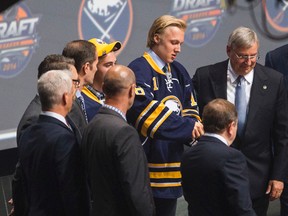 Buffalo Sabres first-round pick Alexander Nylander meets team executives during the NHL Draft in Buffalo on June 24, 2016. (ERNEST DOROSZUK/Toronto Sun files)