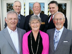 The Dresden Sports Hall of Fame welcomed its newest members at an induction ceremony at Lambton-Kent Composite School on Saturday, April 1, 2017. They are, front row, left: Brian Chinnick, Holly Dodd and Bob North. Back row: Don Roberts and Brian McCabe representing the 1967-68 Dresden Peewees hockey team, and Greg Dreveny. (MARK MALONE/The Daily News)