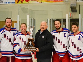 Pictured here, four Radars players accept the Senior “AA” trophy from WOAA representative Gary Gravett. From left to right are Tyler Doig, Luke Vick, Gary Gravett, Kurtis Bartliff (Captain) and Brenden Dale. (Photo courtesy of Rhonda Bartliff)