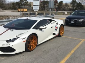 OPP Commissioner Vince Hawkes tweeted a photo of a Lamborghini that was one of a dozen cars impounded and the driver faces stunt driving charges after a race up Highway 400 Sunday. PHOTO: OPP