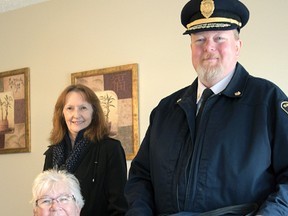 Tillsonburg Fire Chief Jeff Smith volunteered to deliver Meals on Wheels with Theresa Hamilton as part of Community Champions Week, shown here with Catherine Sanders. (Chris Abbott/Tillsonburg News)