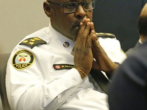 Chief Mark Saunders is pictured at a recent Toronto Police Services Board meeting. (MICHAEL PEAKE, Toronto Sun)