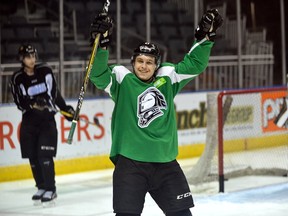 London Knights forward Mitchell Stephens celebrates a goal during practice at Budweiser Gardens on Monday. MORRIS LAMONT/THE LONDON FREE PRESS /POSTMEDIA NETWORK