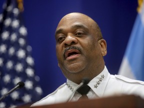 Chicago Police Department Superintendent Eddie Johnson talks with reporters about charging the first of several juvenile offenders from the March 19 criminal sexual assault incident broadcast on Facebook, during a press conference Sunday, April 2, 2017, at the City of Chicago Public Safety Headquarters. (Michael Tercha/Chicago Tribune via AP)