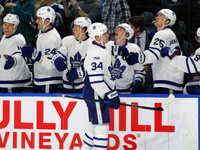 Toronto Maple Leafs forward Auston Matthews (34) celebrates his goal against the Buffalo Sabres, Monday, April 3, 2017, in Buffalo. (AP Photo/Jeffrey T. Barnes)