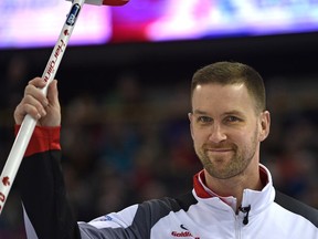 Canadian skip Brad Gushue acknowledges the crowd after defeating Scotland 8-2 at the World Men's Curling Championship at Northlands Coliseum in Edmonton on Monday, April 3, 2017. (Ed Kaiser)