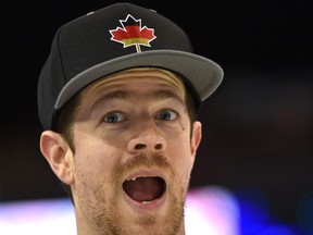 Canadian Ryan Sherrard, who plays lead for Germany, hams it up for the camera at the World Men's Curling Championship at Northlands Coliseum in Edmonton on Monday, April 3, 2017. (Ed Kaiser)