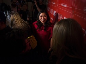 Liberal Candidate Mary Ng turns to a supporter after speaking with the media following her victory in the Markham-Thornhill federal byelection in Markham, Ontario, on Monday April 3, 2017. (THE CANADIAN PRESS/Chris Young)