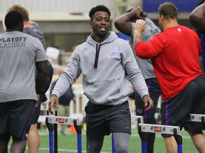 Buffalo Bills quarterback Tyrod Taylor looks on during the first day of voluntary off season conditioning, Monday, April 3, 2017, in Orchard Park, N.Y. (AP Photo/Jeffrey T. Barnes)