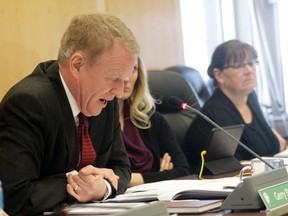 NGPS trustee Gerry Steinke (left) protested aspects of Alberta Education’s budget during a board meeting on March 28 (Joseph Quigley | Whitecourt Star),