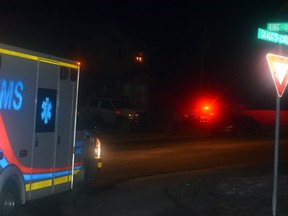 Firefighters and an ambulance were on scene March 30 after a man drove into an electrical pole on 55 Ave. (Jeremy Appel | Whitecourt Star)
