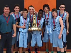 St. Benedict Catholic Sedcondary School's junior boys basketball team used only seven players to win the NOSSA AA championship on Feb. 25. Carter Natale scored 29 points to defeat Lockerby Composite 58-51 in the championship game. Photo supplied