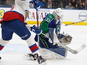 Swift Current Broncos goaltender Jordan Papirny stops a shot against the Edmonton Oil Kings at Rogers Place in Edmonton on March 5, 2017. Papirny backstopped the Broncos to a first-round victory against the Moose Jaw Warriors in the WHL playoffs. (Ian Kucerak)