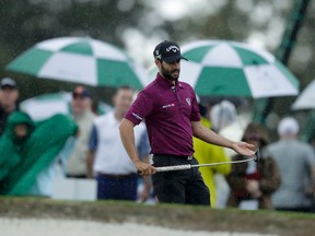 Adam Hadwin lines up his putt on the ninth hole during a practice round for the Masters golf tournament on April 3, 2017, in Augusta, Ga. (AP Photo/Matt Slocum)