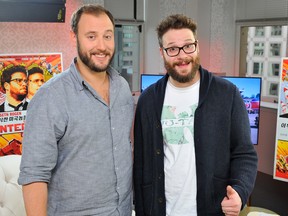 Evan Goldberg and Seth Rogen attend POPSUGAR studios to promote their new movie 'The Interview' on November 18, 2014 in San Francisco, California. (Steve Jennings/Getty Images for POPSUGAR)