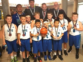 Members of the Huron Lakers novice boys’ basketball team, who won the Division 10 Bronze Medal at the Ontario Basketball Association provincial championship in London earlier this week, are, in the front row: Noah Beaubien (left), Matteo Shaw, Evan MacSweeney, and Nolan Wu. Second row: Devin Breault (left), Trevor Houtby, Mason Mackenzie, Ben Breault, Evan Wu, and Lochlan Kennedy. Back row: Coaches Dave Wu (left), Conor MacSweeney, Craig Mackenzie, and Andy Shaw. Absent from the photograph is Mattias Mosley. (Handout)