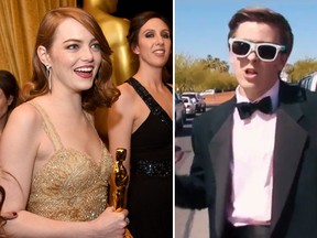 Jacob Staudenmaier, right, is asking actress Emma Stone to be his prom date with an elaborate “La La Land” parody video. (Getty Images/Twitter screengrab)