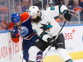 San Jose Sharks' Brent Burns (88) battle for the puck with Edmonton Oilers' Leon Draisaitl (29) during second period NHL action in Edmonton, Alta., on Thursday, March 30, 2017. The Oilers play the Sharks in San Jose on Thursday.