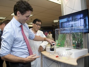 Prime Minister Justin Trudeau dumps an iPhone into a liquid called Novec 1230, which is non-conductive and doesn?t damage electronics, so it can be used to cheaply cool digital servers, rather than using traditional methods. Even paper isn?t affected by the fluid. The PM was touring London?s 3M plant Wednesday. (Mike Hensen/The London Free Press)