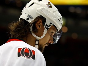 Erik Karlsson of the Ottawa Senators looks on while playing the Detroit Red Wings during an NHL game at Joe Louis Arena on April 3, 2017. (Gregory Shamus/Getty Images)
