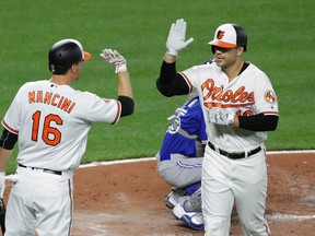 Baltimore Orioles' Chris Davis high-fives teammate Trey Mancini after hitting a solo home run during a MLB game against the Toronto Blue Jays in Baltimore on April 5, 2017. (AP Photo/Patrick Semansky)