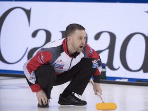 Team Canada skip Brad Gushue calls a shot during the 13th draw against Japan at the Men's World Curling Championships in Edmonton, Wednesday, April 5, 2017.