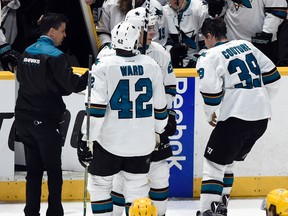 San Jose Sharks center Logan Couture (39) skates off the ice after being injured during second period of an NHL hockey game against the Nashville Predators Saturday, March 25, 2017, in Nashville, Tenn.