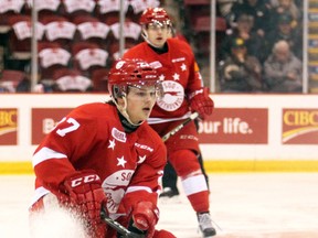 Soo Greyhounds centre Barrett Hayton puts on the breaks during first period action Wednesday, April 5, 2017 against the Owen Sound Attack at Essar Centre.
JEFFREY OUGLER/SAULT STAR/POSTMEDIA NETWORK