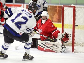 Austin Kemp of the Nationals just misses the net as he picked up a rebound from Leamington goalie Noah Hedrick in the first period of the 5th game of their playoff at the Western Fair Sports Centre on Wednesday April 5, 2017. The Nats lead the series 3-1, and ended the first period up 2-0. Mike Hensen/The London Free Press/Postmedia