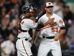 Orioles catcher Welington Castillo congratulates closer Zach Britton after getting the final out against the Jays on Wednesday night. (GETTY IMAGES)