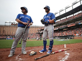 Kevin Pillar of the Toronto Blue Jays looks on after losing a bat into the crowd for the second time against the Baltimore Orioles during a MLB game at Oriole Park at Camden Yards on April 3, 2017. (Patrick Smith/Getty Images)