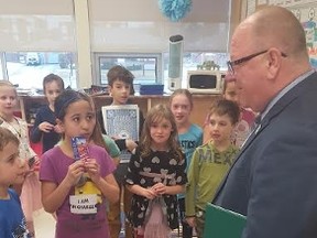 Greater Sudbury Mayor Brian Bigger met with Grade 5 and 6 students at École publique Helene-Gravel in Sudbury on April 4. Supplied photo