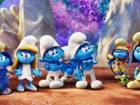Smurfblossom (Ellie Kemper), Smurfette (Demi Lovato), Brainy (Dany Pudi), Clumsy (Jack McBrayer), Hefty (Joe Manganiello), Smurflily (Ariel Winter) and Smurfstorm (Michelle Rodriguez) in "Smurfs: The Lost Village." Sony Pictures Animation