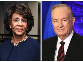 In this combination photo, Rep. Maxine Waters, D-Calif., left, appears at the Justice on Trial Film Festival on Oct. 20, 2013, in Los Angeles and Fox News personality Bill O'Reilly appears on the set of his show, "The O'Reilly Factor," on Oct. 1, 2015 in New York. Waters told MSNBC's Chris Hayes on April 5, 2017, that O'Reilly "needs to go to jail" over sexual harassment allegations. (AP Photos/Richard Shotwell, left, and Richard Drew)